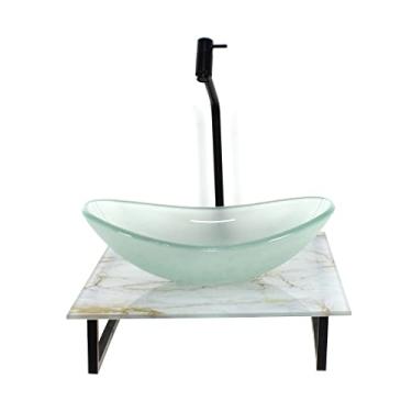 Imagem de KIT CUBA DE VIDRO OVAL 10MM JATEADA COM TAMPO DE VIDRO 40CM X 40CM MÁRMORE BRANCO DOURADO E SUPORTE PRETO