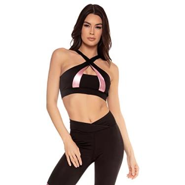 Imagem de Dreamgirl Sutiã esportivo feminino multiuso ativo frente única com design cruzado, Preto/rosa, G