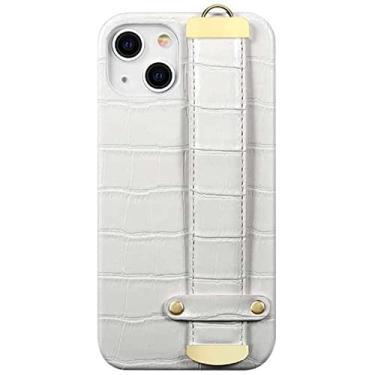 Imagem de KKFAUS para Apple iPhone 13 Mini (2021) capa padrão crocodilo de 5,4 polegadas, capa traseira de couro com forro de microfibra e suporte de telefone de pulseira (cor: branco)