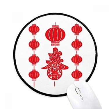 Imagem de Tapete de mouse tradicional vermelho chinês padrão de lanterna para mesa escritório tapete redondo para computador