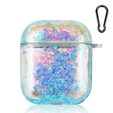 Imagem de SGVAHY Bling Capa de areia movediça compatível com AirPods 1 e 2, luxuosa caixa protetora rígida transparente com lantejoulas líquidas de glitter com chaveiro sem fio para meninas e mulheres, Azul