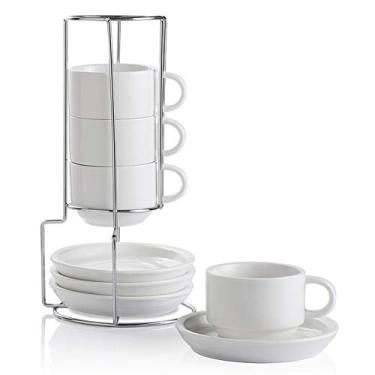 Imagem de Sweejar Copos de café expresso de porcelana com pires, copos de cappuccino empilháveis de 118 ml com suporte de metal para bebidas de café, café com leite, chá - conjunto de 4 (branco)