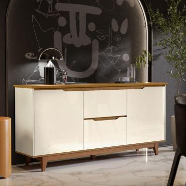Imagem de Buffet Aparador Retrô 2 Portas 2 Gavetas Pés em Madeira Flow EJ Móveis Off White/Freijó