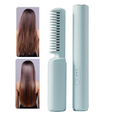 Imagem de Escova alisadora,Escova modeladora aquecida sem fio alisador de cabelo recarregável - Mini cabelo de aquecimento rápido que endireita a escova portátil para cabelo macio encaracolado grosso Pinnkl