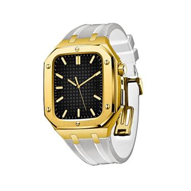 Imagem de INFRI Capa protetora de cobertura total para pulseira de relógio Apple 45mm 44mm homens mulheres capa protetora de metal com pulseira de silicone amortecedor à prova de choque (cor: dourado branco, tamanho: 45 mm PARA 7)