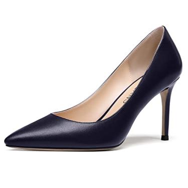 Imagem de WAYDERNS Sapatos femininos foscos de bico fino sem cadarço, salto alto stiletto, sapatos de vestido de casamento 8,8 cm, Azul marinho, 7