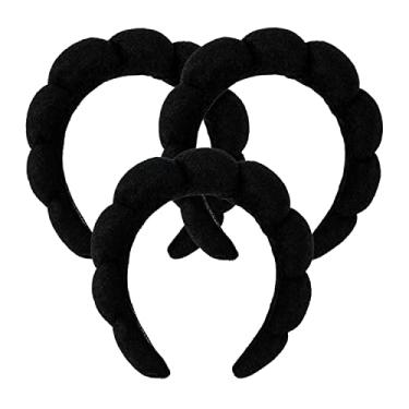 Imagem de LALAXAVA Faixa de cabelo feminina para spa – Faixa de cabelo preta com esponja inchada para lavar o rosto e o cabelo para cuidados com a pele, remoção de maquiagem, chuveiro – Tecido de toalha atoalhada macio absorvente 3 peças