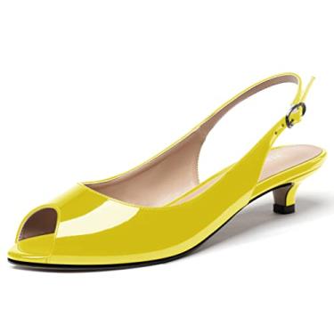 Imagem de WAYDERNS Sapato feminino Peep Toe de couro envernizado tira no tornozelo salto baixo salto baixo sapato para noite de trabalho 3,8 cm, Amarelo, verde, 13