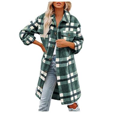 Imagem de Jaqueta Shacket feminina camisas de flanela para mulheres plus size casacos de outono jaquetas xadrez abotoadas blusas de manga comprida, Shacket longo de lã - verde exército, M