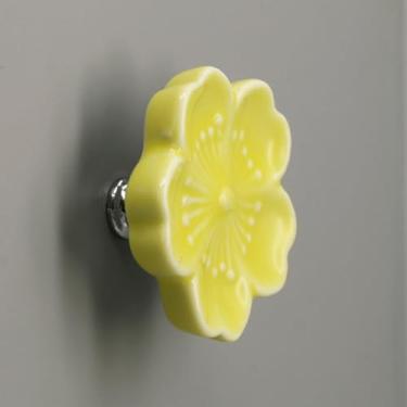 Imagem de Puxadores cerâmicos da porta do armário dos botões da gaveta da flor para a mobília, amarelo