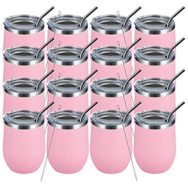 Imagem de MEWAY Copo de vinho de 340 g, pacote com 16, presentes a granel para mulheres, caneca de viagem de aço inoxidável a vácuo de parede dupla com tampa, copo de vinho isolado sem haste para café,