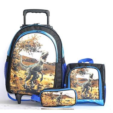 Imagem de Mochila Rodinhas Dinossauro Blue Jurassic Lancheira Estojo Kit