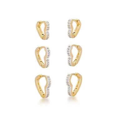 Imagem de Trio Brincos Argolas Coração Cravejadas Banhadas A Ouro 18k