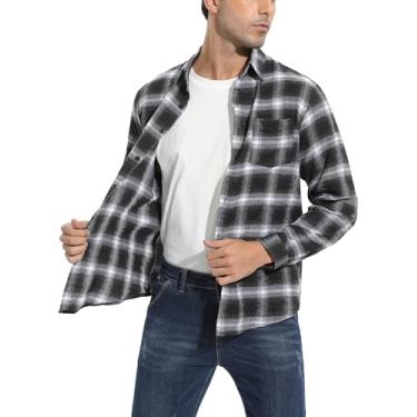Imagem de Yukiuiny Camisa masculina xadrez de flanela 100% algodão, manga comprida, camisa de botão, Preto Branco-b/Botões Direitos, 3X-Large