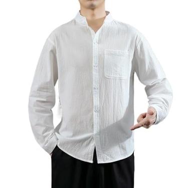 Imagem de Camisa de linho de verão masculina casual simples manga longa seção fina da camisa, Branco, 3G