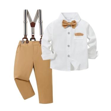 Imagem de YALLET Roupas infantis para meninos, roupas de casamento, camisa formal + gravata borboleta + colete + flor na lapela + calça suspensória, G bege a, 3-4 Anos