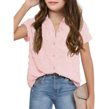 Imagem de Haloumoning Camiseta infantil casual de chiffon de manga curta para meninas, rosa, 13-14 Anos