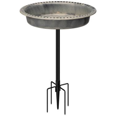 Imagem de VIVOHOME Tigela de banho oval para pássaros de poliresina com estaca de metal, 73 cm de altura ao ar livre comedouro independente para pássaros, capacidade de 4 litros, base de 5 pontas, cinza