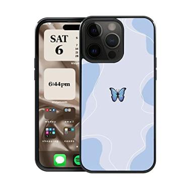 Imagem de CREFORKIAL Linda capa de telefone estética azul arte borboleta para iPhone 14 Pro, capa rígida para iPhone 14 Pro, capa protetora fina à prova de choque TPU macio bumper + traseira rígida de alumínio