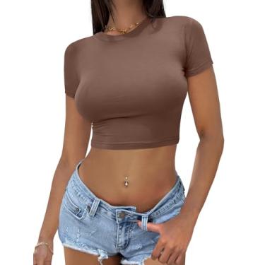 Imagem de ANRABESS Camiseta feminina de manga curta com gola redonda básica slim Y2K para sair 2024 roupas de verão para adolescentes, Marrom, GG