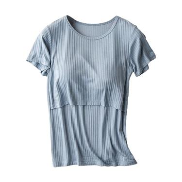 Imagem de Camiseta feminina de malha canelada de cor sólida manga curta gola redonda Camiseta de amamentação, Azul, 3G