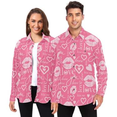 Imagem de Yuiboo Camisetas masculinas de algodão manga longa para mulheres roupas com bolsos dia dos namorados corações rosa texto amor beijos, Corações rosa dos namorados texto Love Kisses, GG
