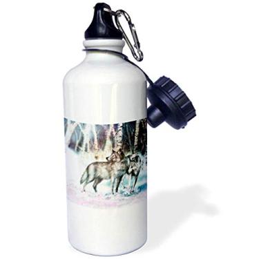 Imagem de 3dRose Um par de lobos exploram seu território de inverno perto da floresta – Garrafa de água esportiva, 600 ml, branca