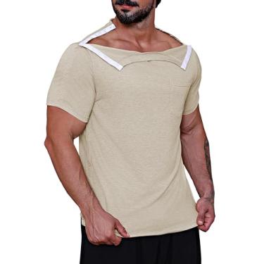Imagem de URRU Camisetas masculinas pós-cirurgia de ombro recuperação completa rasgada manga curta Snap Chemo Shirts para acesso ao porto, Caqui, M