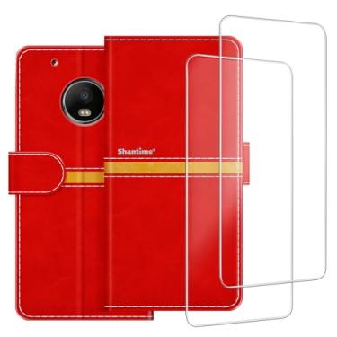 Imagem de ESACMOT Capa de celular compatível com Motorola Moto G5 + [2 unidades] película protetora de tela de vidro, capa protetora magnética de couro premium para Motorola Moto G5 (5 polegadas) vermelha