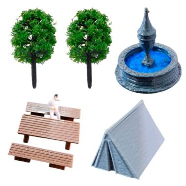 Imagem de Kit 7 Miniaturas Maquete Árvores Mesa Banco Fonte Barraca