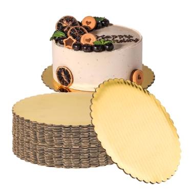 Imagem de Bandeja de bolo ondulado dourado – Placa de papelão laminada com círculo, base redonda, pizza, torta, sobremesas e pastelaria, bandejas de alimentos, à prova de gordura e resistente à umidade, Dourado, 8", 1