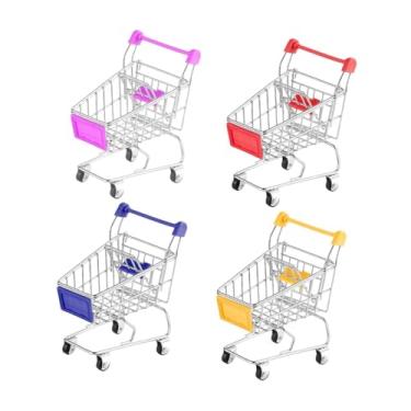 Imagem de Baoblaze 4 peças mini carrinho de compras fingir brincar ornamento papelaria material de escritório bonito crianças empurrar carrinho brinquedo organizador de
