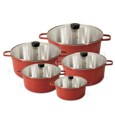 Imagem de Jogo De Panela Fundida Alumínio Batido Caçarolas 5 Peças Tampa de Vidro - Vermelho