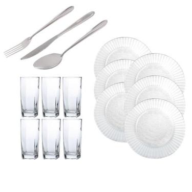 Imagem de  6 Pratos Primavera Fundo 6 Copos Texas Transparente 18 Talheres - Nad