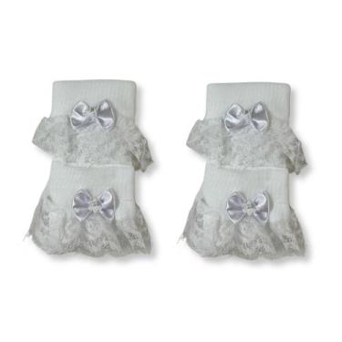 Imagem de Kit c/ 2 Meia Infantil Menina Renda e Laço Zulekinha, M, Branco
