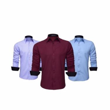 Imagem de Kit 3 Camisas Social Masculina Blusa Slim Manga Longa Lisa (Marsala, L
