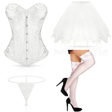 Imagem de Vabean Espartilho floral de renda com costas retrô para o dia das bruxas, lingerie, saia tutu com bolhas de balé e meias de renda, Branco, G