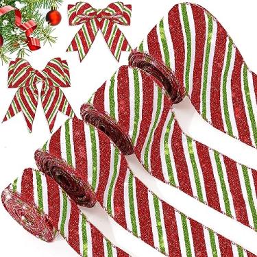 Imagem de 4 rolos de fitas com fio de bengala doce de Natal 2,0 polegadas 1,5 polegadas 2,0 polegadas 2,0 polegadas 2,5 polegadas glitter dot listrado artesanato fitas decorativas fita de embrulho para casa de árvore de Natal (listra, vermelho, branco, verde)