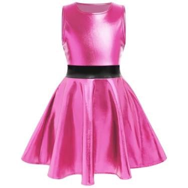Imagem de IBAKOM Vestido feminino metálico brilhante holográfico anos 80 brilhante roupas infantis alienígena Halloween anos 90 baile swing skater vestido, Rosa choque, 11-12 Anos