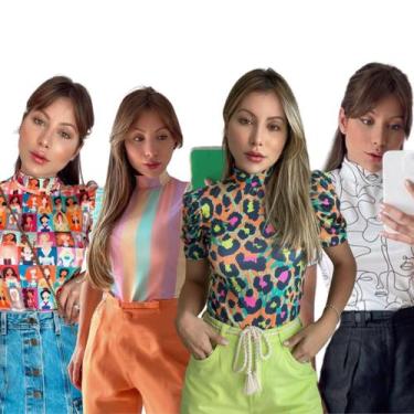 Imagem de KIT 4 Blusas Feminina Manga Princesa: animal print neon, Listras candy