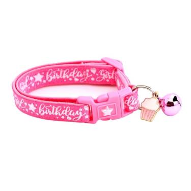 Imagem de Coleira de aniversário para gatos com pingente e sino | Coleira de segurança | Tamanho grande ajustável ou coleira gatinha (rosa brilhante, pequeno (4,5 kg e menos))