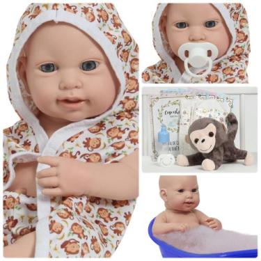 Imagem de Boneco Reborn Luca Roupão Macaco Com Acessórios Pode Banho - Cegonha R