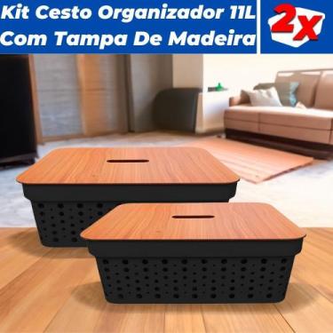 Imagem de Kit 2 Cestos Organizadores Rattan 11L C/ Tampa de Madeira - Ef Home, P