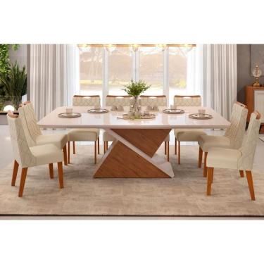 Imagem de Conjunto: Mesa Sala Jantar Zafira Tampo Madeirado c/ Vidro Curvo 200x100cm e 8 Cadeiras Bia Freijo/Off White - Linho Neve - DJ Móveis