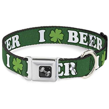 Imagem de Buckle-Down Coleira para cães com fivela de cinto de segurança - I "Clover" BEER/trevo contornos verdes/branco - 2,54 cm de largura - serve para pescoço de 28-43,18 cm - Médio