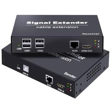 Imagem de Extensor HDMI KVM USB sobre cabo de rede Cat5e/6/7 até 50 m, extensor HDMI KVM 1080p Plug and Play, transmissão de latência zero, extensor KVM com 4 USB2.0 suporta todos os sistemas operacionais