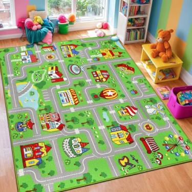 Imagem de Capslpad Tapete infantil para sala de jogos verde tapete de carro de estrada de trânsito tapete de brincar 2 x 1,5 m tapete de área de aprendizagem educacional lavável tapete infantil para quarto de
