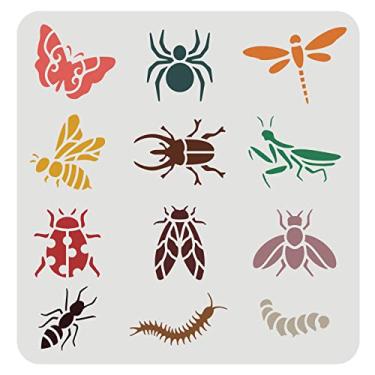 Imagem de FINGERINSPIRE Estêncil borboleta libélula 30 x 30 cm, abelha, formiga, aranha, verme, barata, 12 padrões, estêncil de animal, estêncil grande reutilizável para pintura em arte de parede, placa de