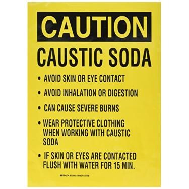 Imagem de Brady 125933 Placa de perigo químico, legenda "Soda cáustica evita contato com a pele ou os olhos, evite inalação ou digestão", altura de 35,5 cm, peso de 25,4 cm, preto em amarelo