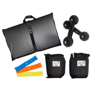 Imagem de Kit Tornozeleira 6KG Nylon Preto + Halteres 6KG Preto + Colchonete Dob
